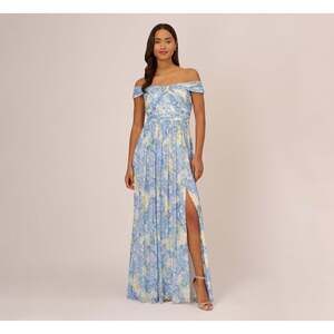 Adrianna Papell Watercolor Floral Print Gown With Off The Shoulder Neckline In B